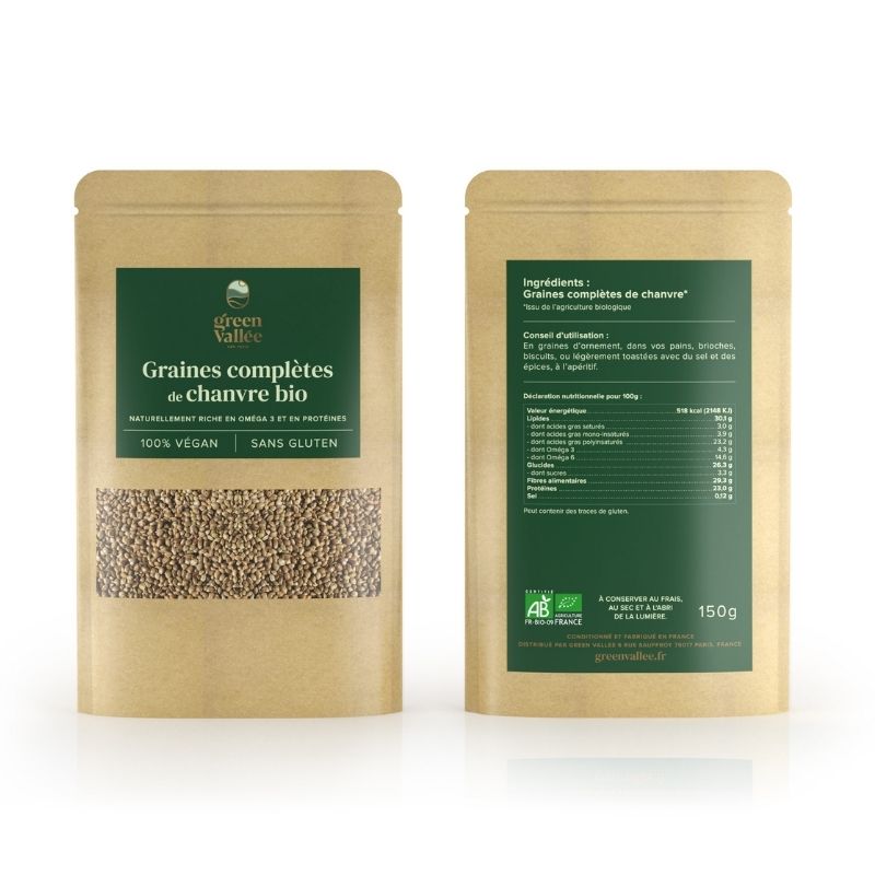 Green Vallée Épicerie Graines chanvre BIO 150 g oméga-3
